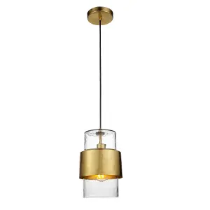 Luminosa Palermo Slim Pendant Ceiling Light Hammered Brass Plate, Textured Clear Glass