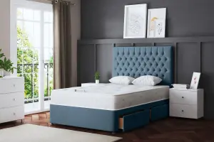 Seraphine Blue Upholstered Divan Bed with Headboard and Four Drawers King