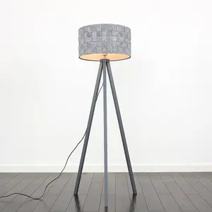 ValueLights Barbro Modern Grey Wood Tripod Floor Lamp with Grey Felt Drum Shade - Includes 6w LED Bulb 3000K Warm White