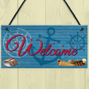 Red Ocean Welcome Nautical Seaside Marine Themed Home Gift Hanging Plaque Bedroom Bathroom Boat Sign