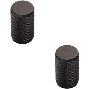 2x Knurled Cylindrical Cupboard Door Knob 18mm Dia Matt Black Cabinet Handle