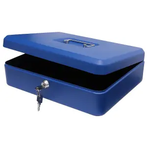 Lockable 12" Steel Cash Box - Money Organiser Safe with Note & Coin Tray, Cylinder Lock & Carry Handle - H9 x W30 x D24cm, Blue