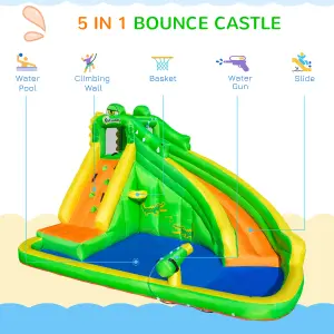 Outsunny 5 in 1 Kids Bouncy Castle Large Crocodile Style Inflatable House Slide Basket Water Pool Gun Climbing Wall