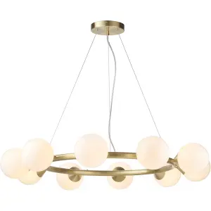 Multi Arm Hanging Ceiling Pendant Light - Satin Brass Plate & Gloss White Glass Shade - 10 x 3W LED G9