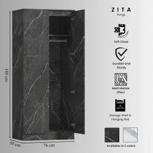 ZITA - 2 Door Plain Wardrobe in Matt Charcoal Grey Marble Effect