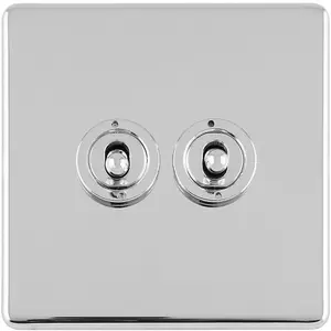 2 Gang Double Retro Toggle Light Switch SCREWLESS POLISHED CHROME 10A 2Way Lever