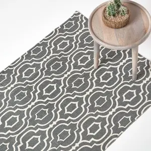 Homescapes Riga Grey and White 100% Cotton Printed Patterned Rug, 120 x 170 cm