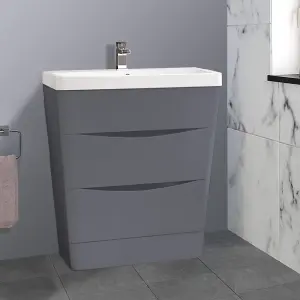 Rinse Bathrooms 800mm Gloss Grey Floor Standing 2 Drawer Vanity Unit Basin Bathroom Storage Furniture