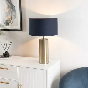 ValueLights Lexy Antique Brass Touch Table Lamp with Navy Blue Drum Shade