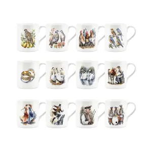 Purely Home 12 Days of Christmas Mugs Set - Xmas Festive Mug Gift - Small Bone China White Mugs