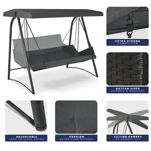 Hollywood Rattan Garden Canopy 3 Seater Swing Bench Anthracite Grey 7'x6'