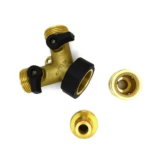 2 Way Garden Tap Connector, Brass Garden Hose Tap Y Splitter Connector with Individual On/Off Valves and 2 Quick Hose Connectors