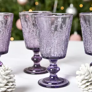 Set of 2 Purple Lavender Embossed Drinking Wine Glass Wine Goblets 300ml