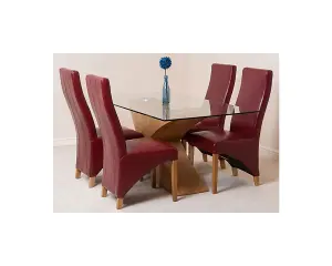 Valencia 160 cm x 90 cm Glass Dining Table and 4 Chairs Dining Set with Lola Burgundy Leather Chairs