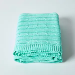 Homescapes Cotton Cable Knit Pastel Green Throw, 130 x 170 cm