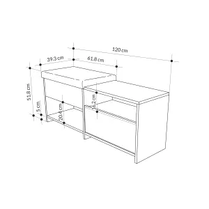 Decortie Modern Filux Shoe Bench Rack White Sliding Fabric Seat and 120.3(W) Storage Cabinet 2-Tier Open Shelves Hallway