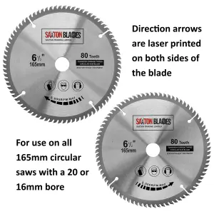 Saxton TCT16580TSK TCT Circular Saw Blade 165mm x 80 teeth x 20mm Bore & 16mm Ring