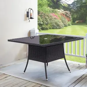 Retro Square Garden Wicker Rattan Tempered Glass Top Outdoor Patio Dinging Table with Umbrella Hole Black 105 cm