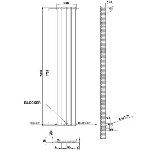 Vertical Black Single Oval Panel Radiator (H)1800mm x (W)236mm, 2516 BTU.