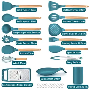 Kitchen Utensils Set,  25 Pieces Soft Silicone Cooking Utensil Set With Holder, Natural Wooden Handle Kitchen Spatula Spoon For Cooking Baking, Non Stick & Heat Resistant, Black Blue