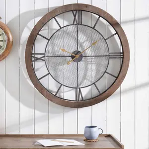 Natural Wood and Black Metal Mesh Round Wall Clock