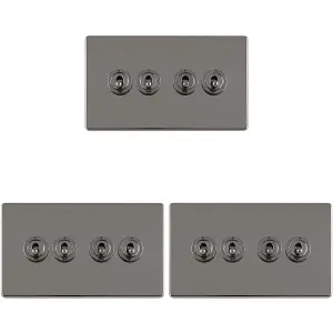 3 PACK 4 Gang Quad Retro Toggle Light Switch SCREWLESS BLACK NICKEL 10A 2 Way