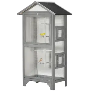 PawHut Wooden Bird Aviary, Outdoor Bird Cage for Finch, Canary w/ Tray - Grey