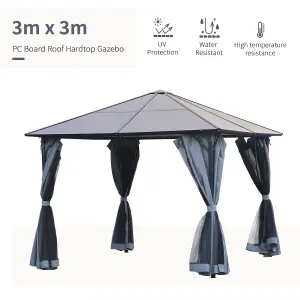 Outsunny 3 x 3(m) Polycarbonate Hardtop Gazebo with Aluminium Frame and Curtains