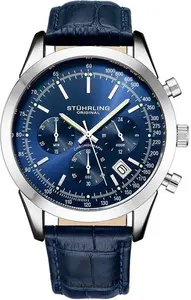 STÜHRLING Original Rialto Chronograph Watch Quartz With Tachymeter 44mm Silver Case Blue Leather Band | Men's