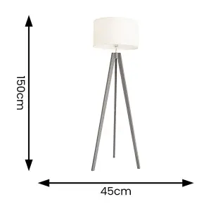 ValueLights Jackson Grey Wood Tripod Floor Lamp with White Fabric Lamp Shade and LED Bulb