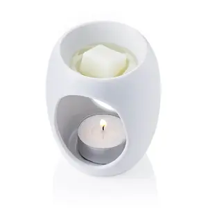 Small Oval Wax Melt, Oil Burner. Made of Ceramic. Gift Boxed. - White. Height 9.5 cm