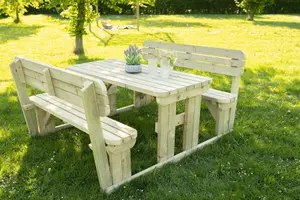 Alders wooden picnic bench and table set, rounded outdoor dining set with backrest (3ft, Natural finish)