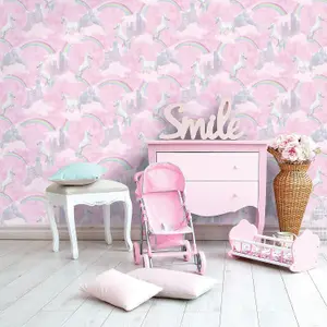 Holden Decor Believe in Unicorn Rainbow Pink Multicolour Kids Room Glitter Effect Wallpaper 12480