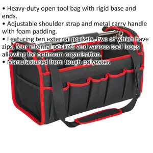 Durable Red Open Tool Bag with Multiple Pockets and Rigid Base