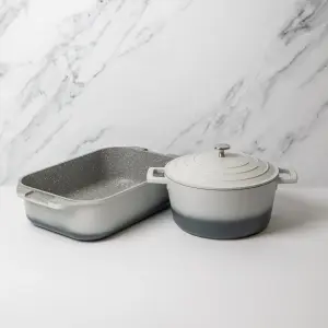 2pc Cast Aluminium Cookware Set with Non-Stick 4L Casserole Dish, Grey Ombre, and a Non-Stick 34cm Roasting Pan