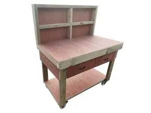 Wooden Eucalyptus hardwood top workbench, tool cabinet with drawers (V.1) (H-90cm, D-70cm, L-120cm) with back and wheels