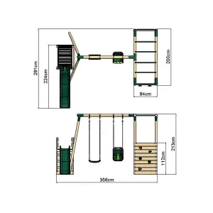 Rebo Wooden Children's Swing Set with Monkey Bars plus Deck & 6ft Slide - Double Swing - Luna Green