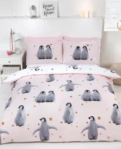 Starry Penguins Pink Xmas Duvet Cover Set Christmas Bedding