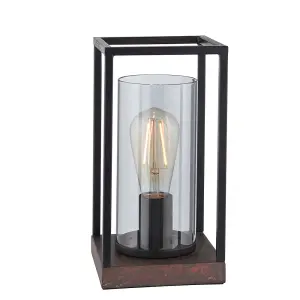 Matt Black Industrial Framed Table Lamp Light & Glass Shade - Bronze Patina Base