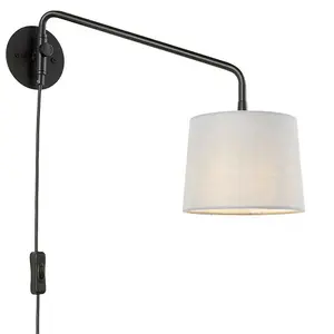 Adjustable Swing Arm Wall Light Matt Black & Grey Fabric Shade Mains Plug in