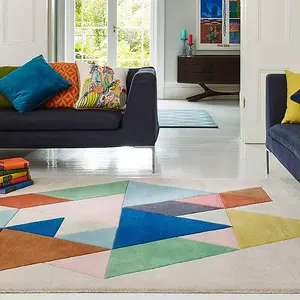 Multicoloured Wool Handmade Luxurious Modern Chequered Geometric Rug Easy to clean for Living Room and Bedroom-200cm X 290cm