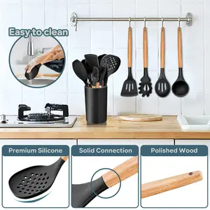 Kitchen Utensils Set,  25 Pieces Soft Silicone Cooking Utensil Set With Holder, Natural Wooden Handle Kitchen Spatula Spoon For Cooking Baking, Non Stick & Heat Resistant, Black Black