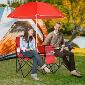 Costway Outdoor Portable Double Camping Chair Folding Picnic Chairs W/ Umbrella & Ice Bag