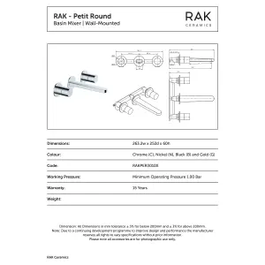 RAK Petit Polished Chrome 3 Hole Wall Mounted Lever Basin Sink Tap