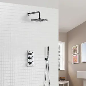 SLIM CONCEALED OVERHEAD SHOWER HEAD 3 DIAL THERMOSTATIC VALVE AND PENCIL HANDSET