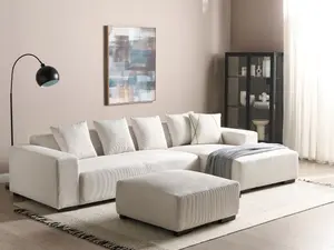 Corner Sofa with Ottoman LUNGO Off-White Corduroy Left Hand