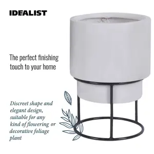 Set of two IDEALIST™ White Reinforced Stone Flower Pots, Round Indoor Planters on Detachable Metal Stands: D20 H35 cm + D26 H50 cm