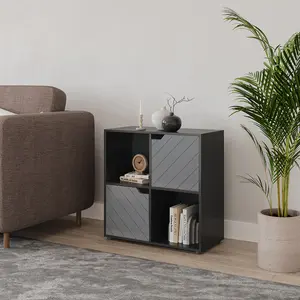 URBNLIVING 61cm Height Black Wooden Cube Bookcase with Grey Line Door Display Shelf Storage Shelving Cupboard