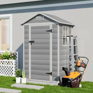 4 x 3 ft Grey Plastic Shed Garden Storage Shed Apex Roof with Hinged Door and Windows