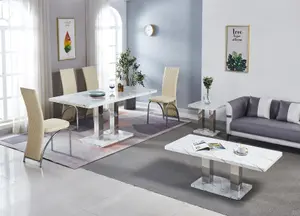 Modernique White MDF Marble Effect Dining Table with 4 Cream Faux Leather Chairs